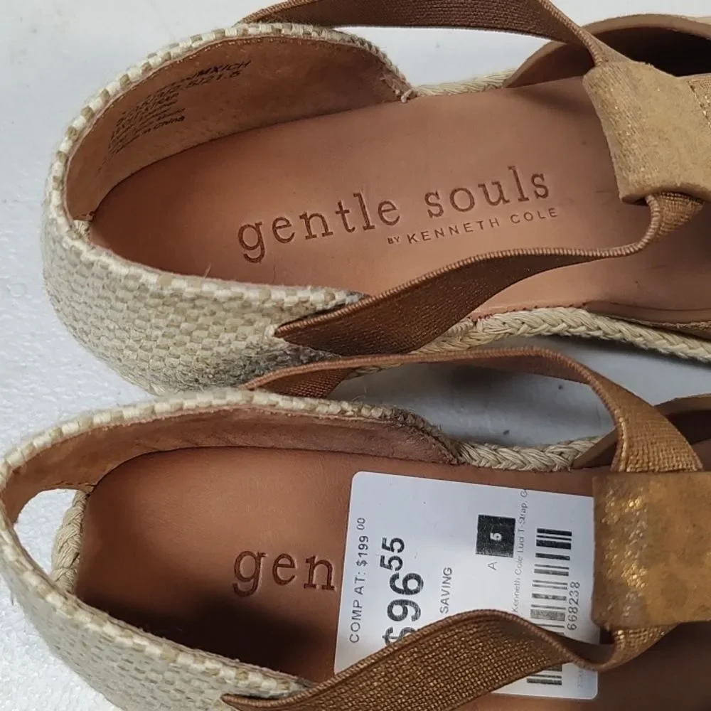 Gentle Souls By Kenneth Cole Size 5 Animal Print Gold Tan Espadrille Wedges New
